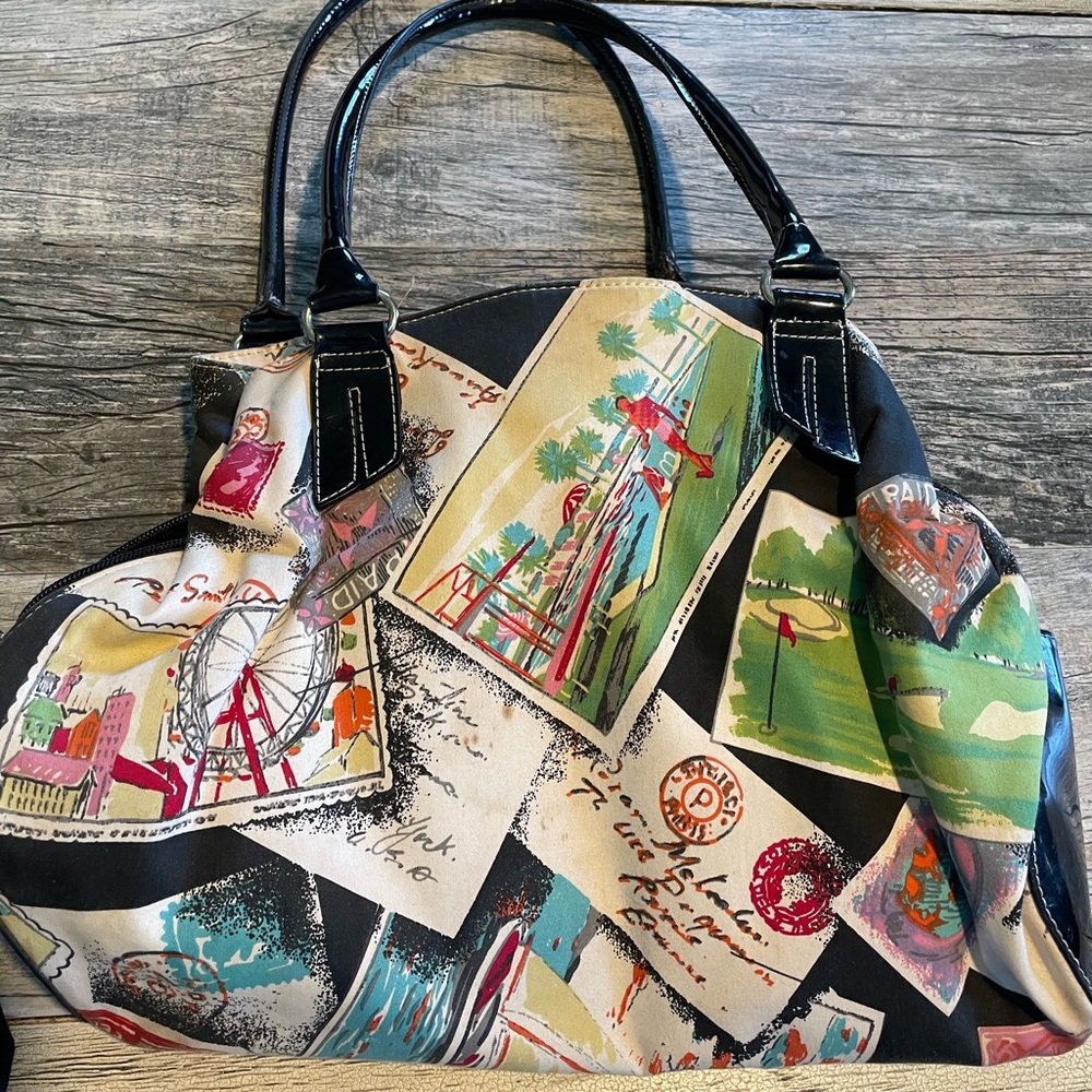Vintage postcard hand bag and matching wristlet bag